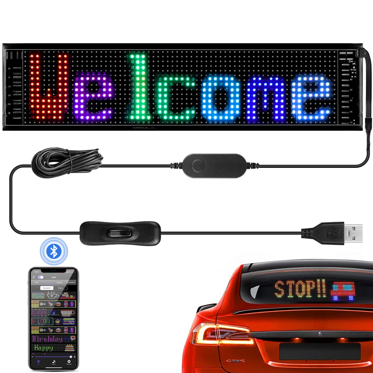 Smart scrolling bright advertising LED sign USB 5V Bluetooth APP control sign programmable text pattern LED car sign