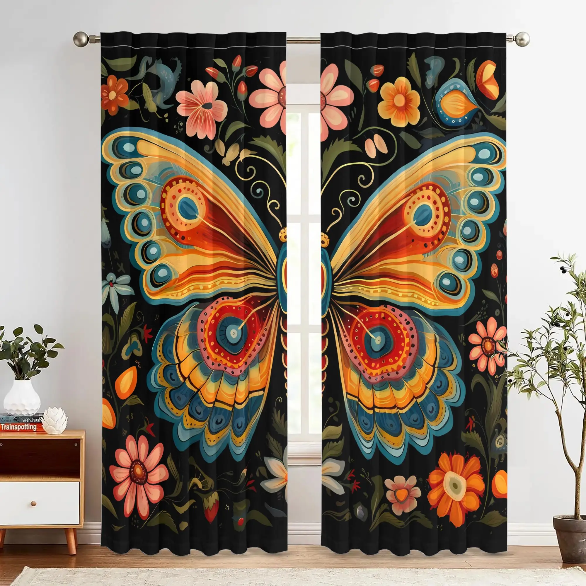 Flower and butterfly pattern printed curtains, pole-mounted installation. Suitable for living room bedroom dining room and hotel