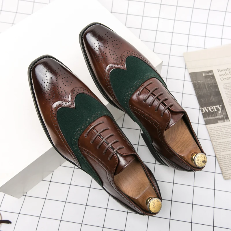 

Men's Pu Leather Shoes Green Color Blocking Pointed Flat Shoes Business Wedding Formal Shoes Men's Loafers Plus Size:38-48