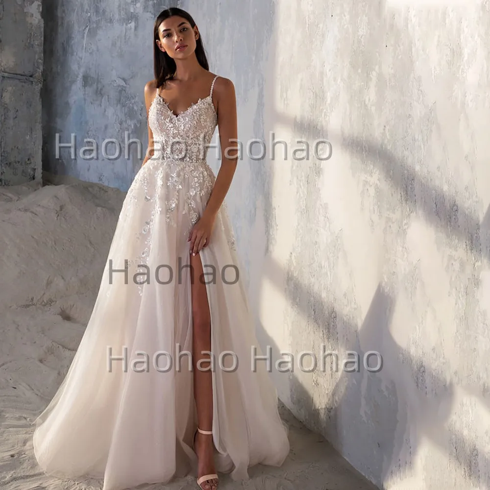 Vestido de casamento com alça espaguete, linha a, praia, sem mangas, fenda lateral, apliques, costas nuas, personalizado, feito sob medidas, robe de mariee