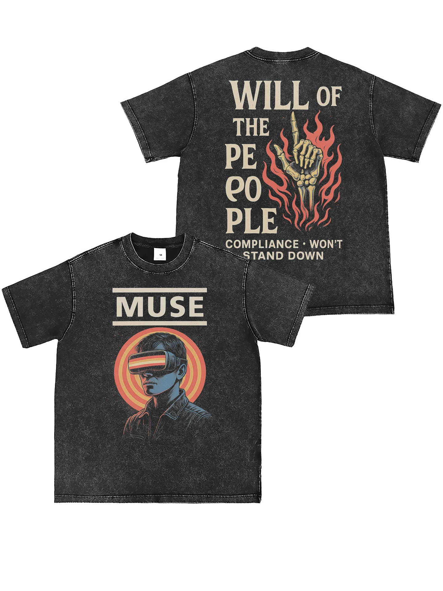 MUSE Band Digital Direct Spray Washed Vintage Grey American Street Punk Rock Heavy Short Sleeve T-Shirt Loose Fit Cotton Yout...