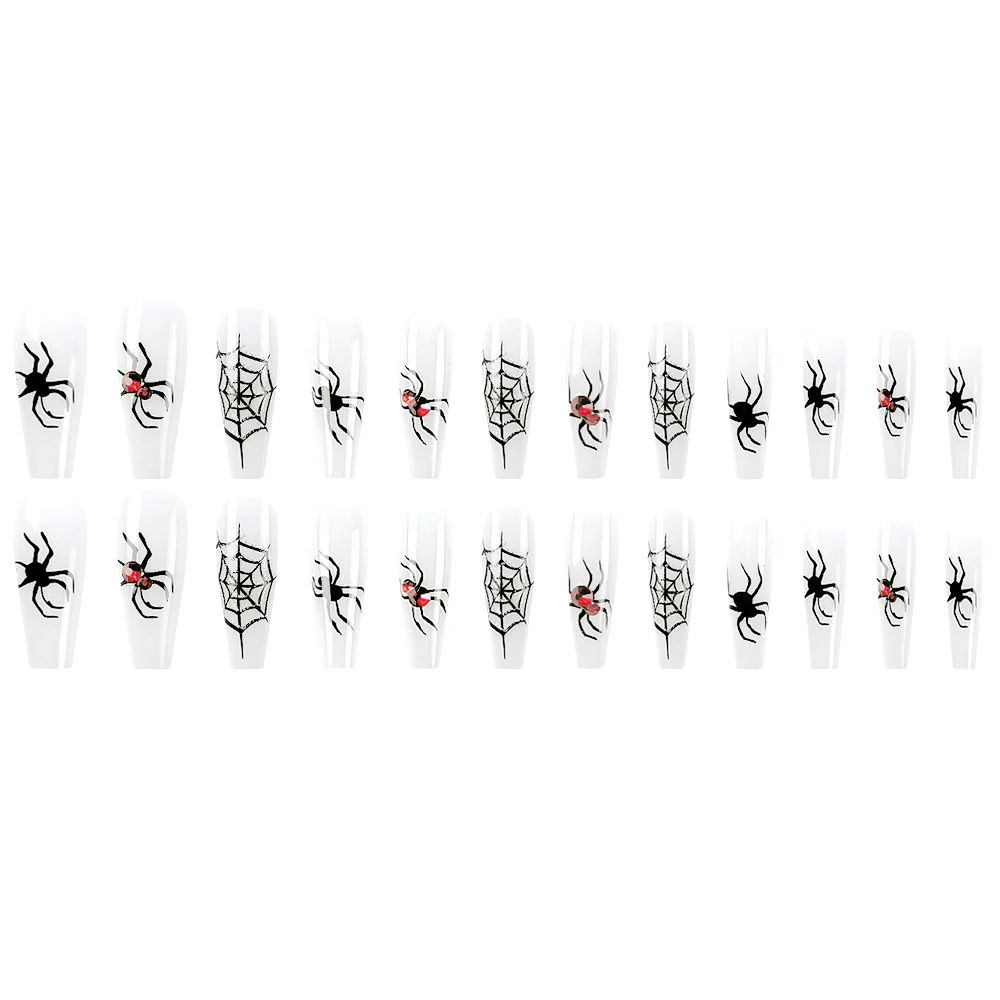 Halloween Acrylic Fake Nail With Glue Spider Web Patterns Pess On False Nails Tips For Party Woman DIY Manicure Accessory 4