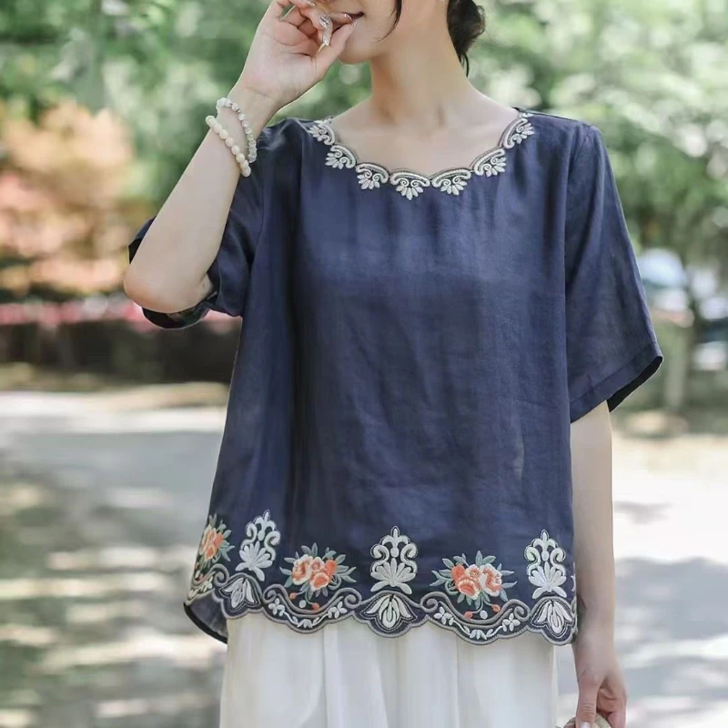 2026 Summer T-shirt Vintage Embroidered Linen Cotton Top Slimming Effect Youthful Style Breathable Casual Tee For Women​