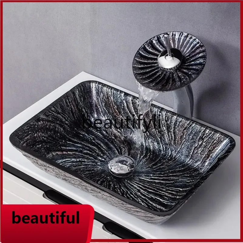 

f156 Modern simple wash basin European art craft tempered gla table basin rectangular