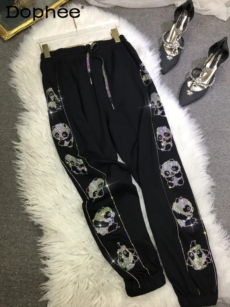 

European Goods Heavy Industry Hot Diamond Sweatpants Female Cute Panda Pattern Black Sports Pants 2024 New Autumn and Winter