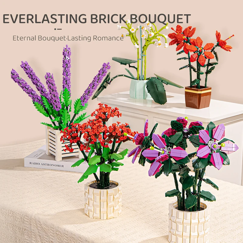 

Rose sunflower block bouquet everlasting flower vase model brick set, decoration creative children's education toys, holiday bir