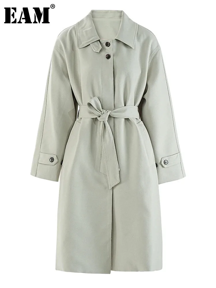 [EAM] Donna Verde Con Cintura Elegante Trench Lungo di Grandi Dimensioni Nuovo Risvolto Manica Lunga Giacca A Vento Moda Marea Primavera Autunno 2024 CPG1795