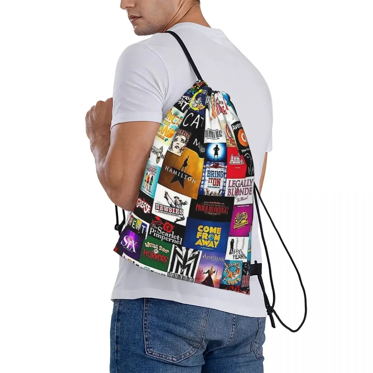 Broadway Show Logo Collage Mochilas, sacos de cordão portáteis Bundle Pocket Storage Bag, Bookbag para homens e mulheres, estudantes