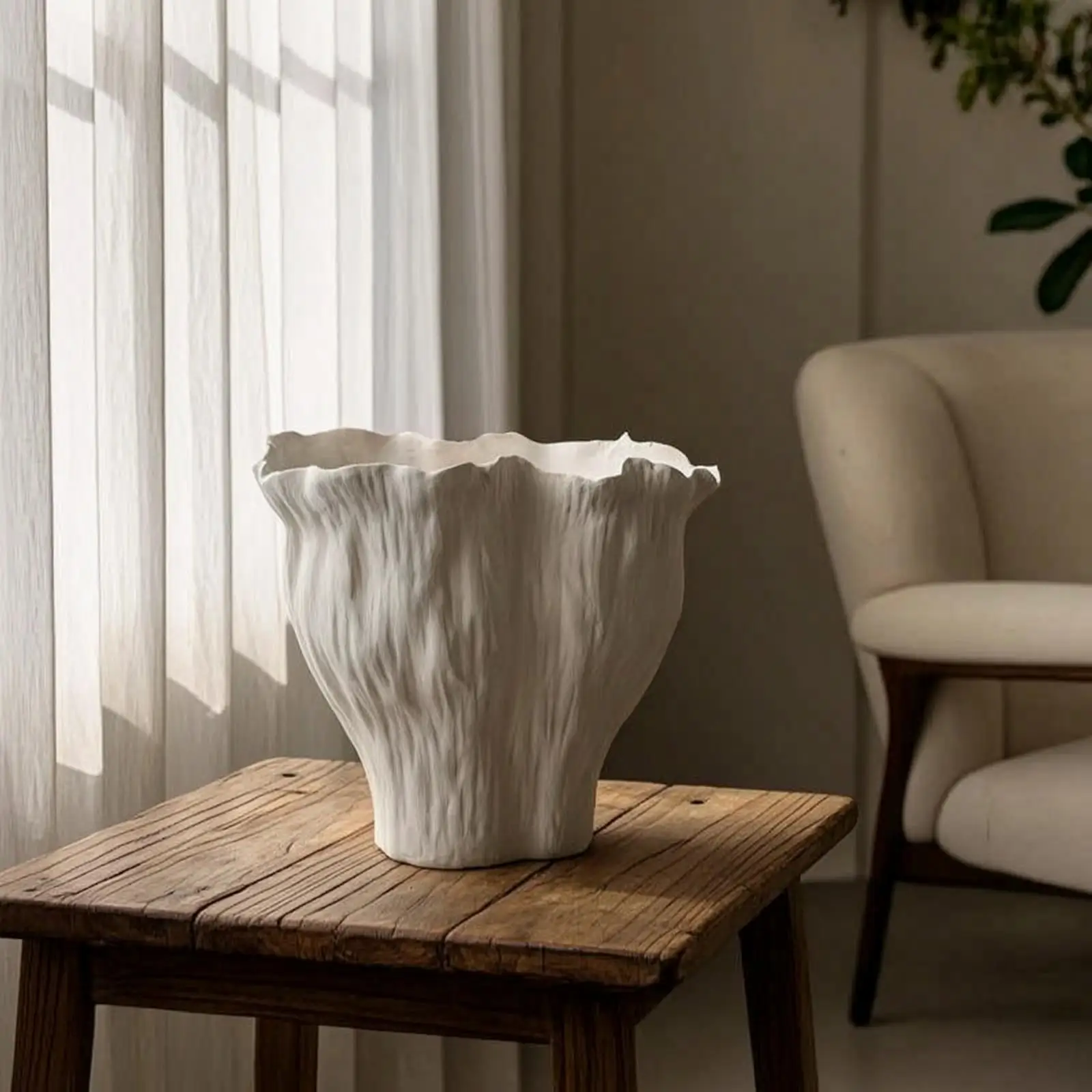 Modern Ceramic Planter Vase Decorative Sculpture for Console Table with Irregular Rim and Tapered Handcrafted Body