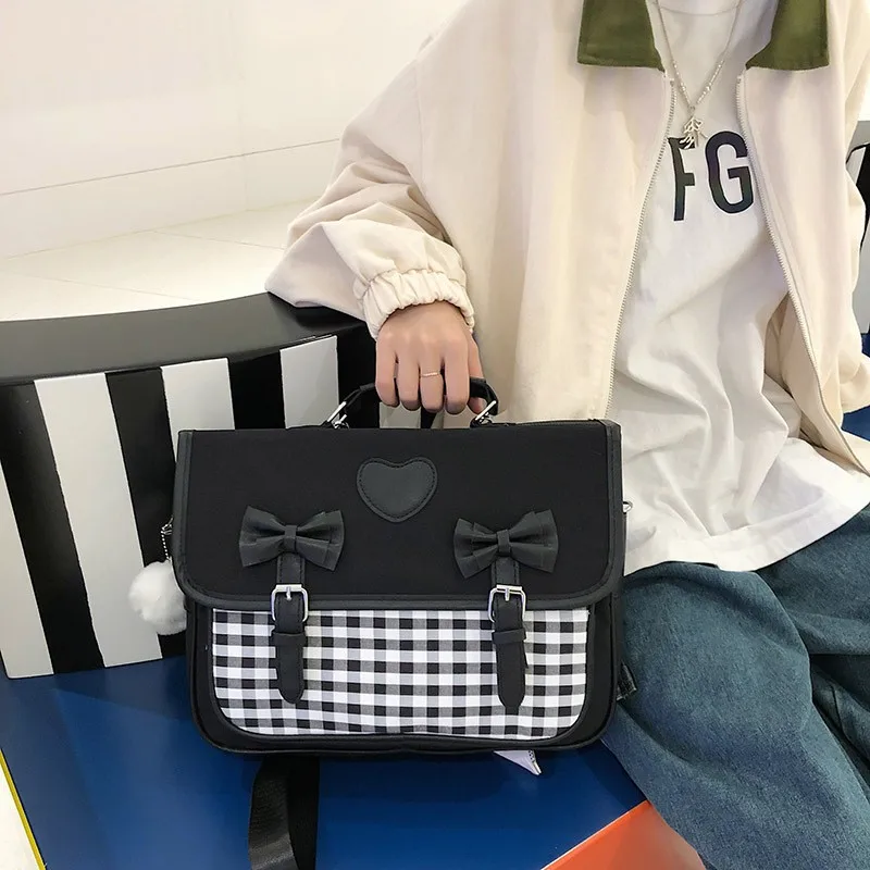 

Japanese Style Students School Bags Checkerboard Grid JK Messenger Bag Shoulder Briefcase Pu Sweet Women Teenage Handbag Casual