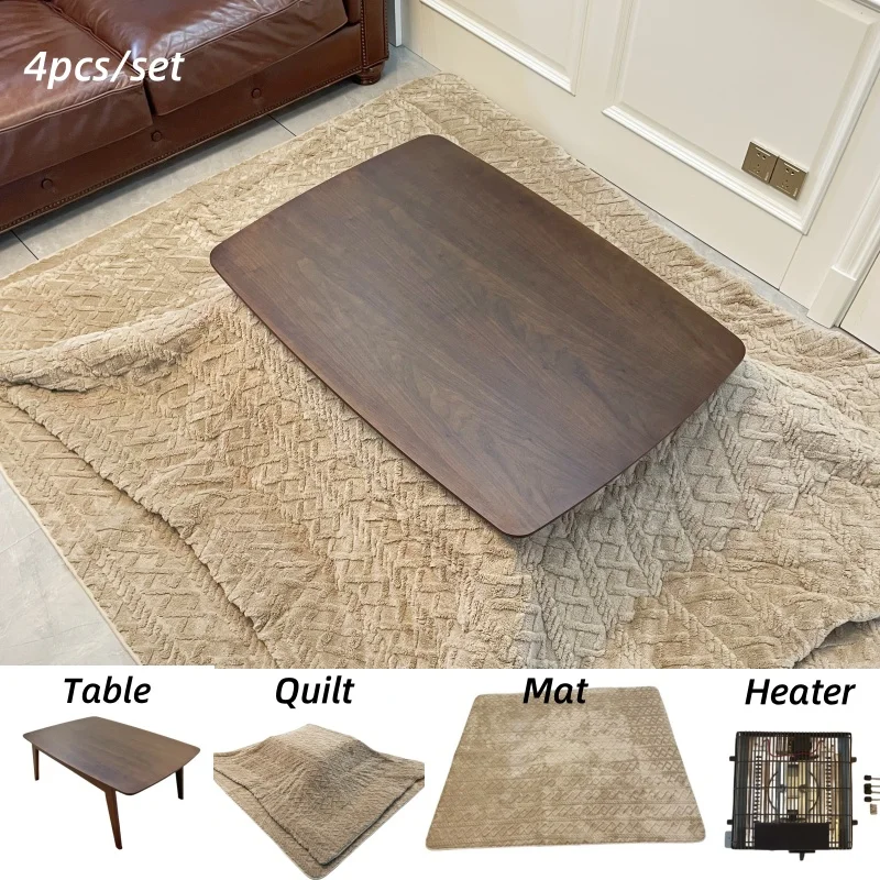 Japanese Kotatsu Full Set Rectangle 105cm Wood Table Comforter Carpet Electric Heater 220V Foot Warmer Heated Mid Century Design