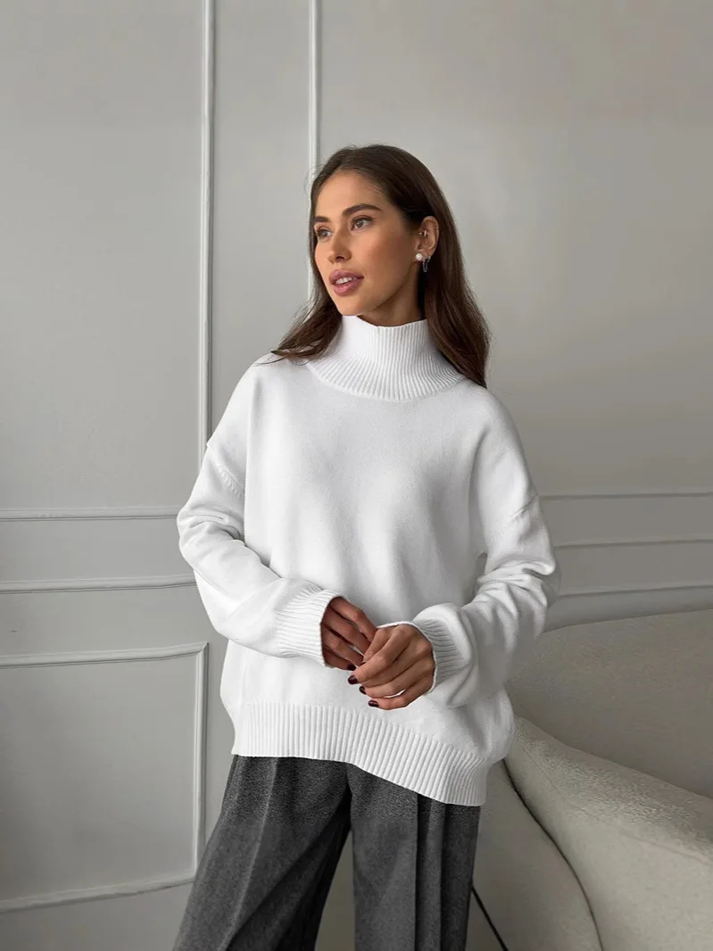 

Свободный вязаный свитер-гольф оверсайз классического цвета, универсальный пуловер для осени и зимы, минималистичный дизайн