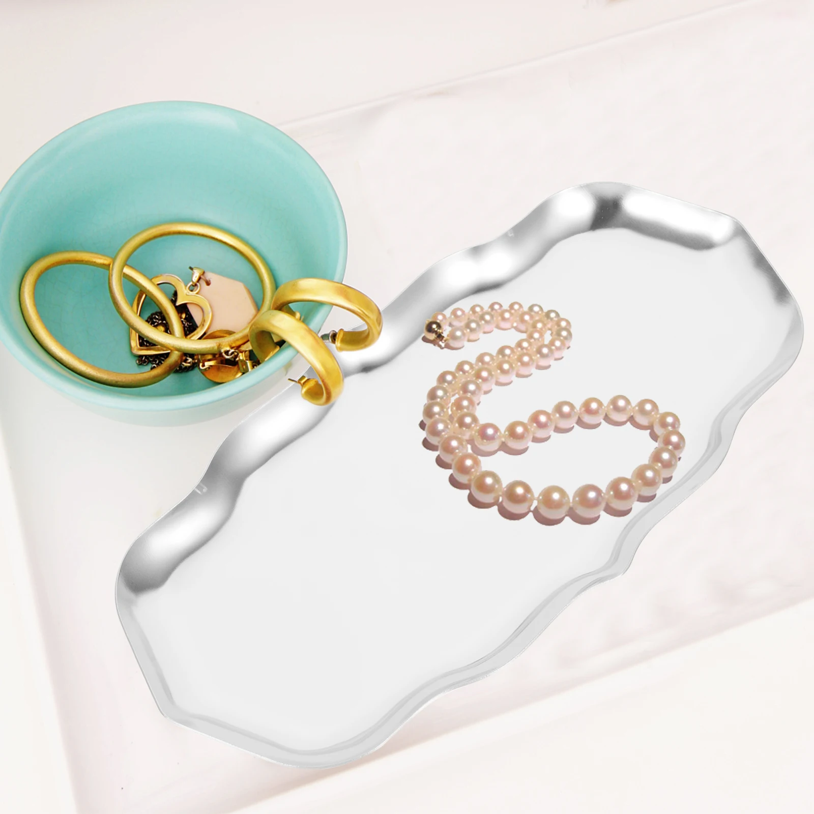 

Stainless Steel Jewelry Tray Desktop Plate Ring Earring Holder Decorative Storage Tray Dresser Adornment Metal Jewelry Dish Fine