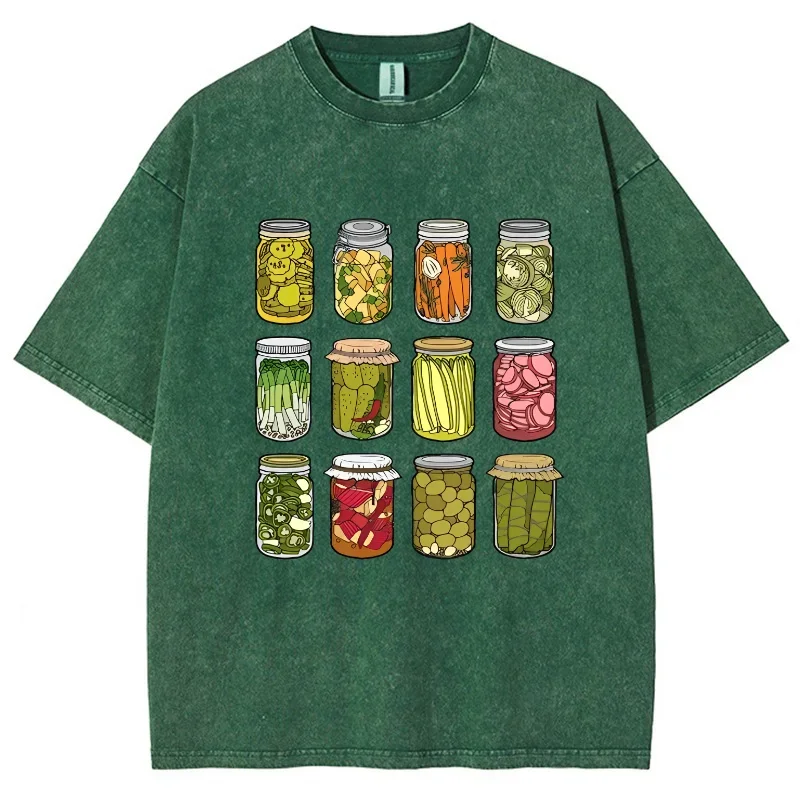 Cartoon Canned Pickle Print  T-Shirt Washed Cotton Vintage Crew Neck Short Sleeve Casual Fashion Design Top Basic Tees