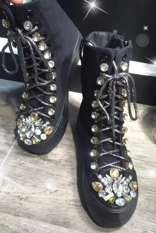 

Black Fabric Bling Diamond Crystal Ankle Boots Woman Thick Sole Glitter Rhinestone Zipper Side Lace- Up Winter Short Booties