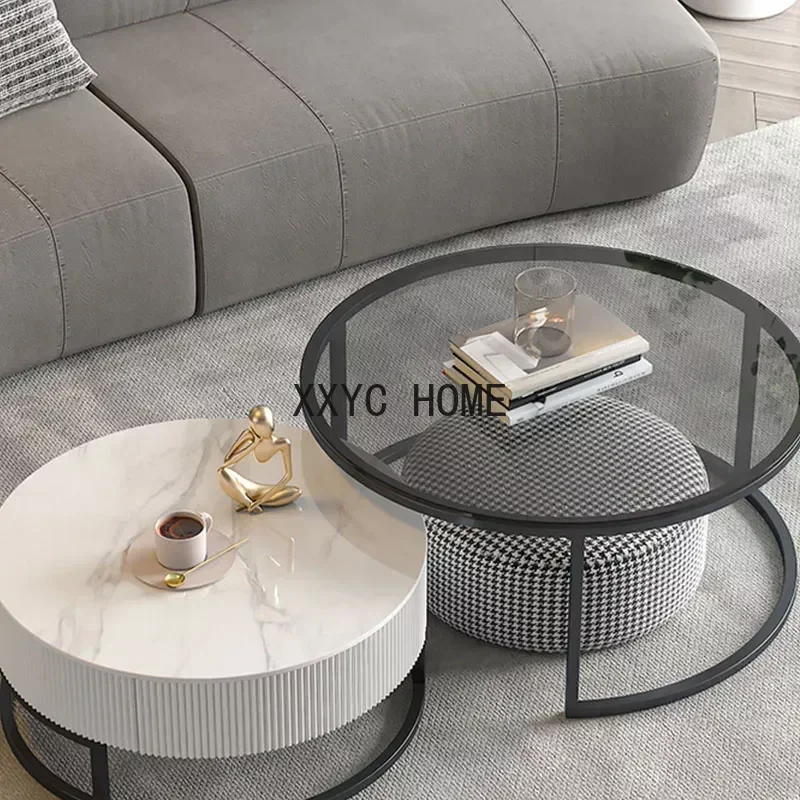 Design Modern Coffee Luxury Nordic Metal Round Corner  White Glass Center Meubles Living Room Furniture