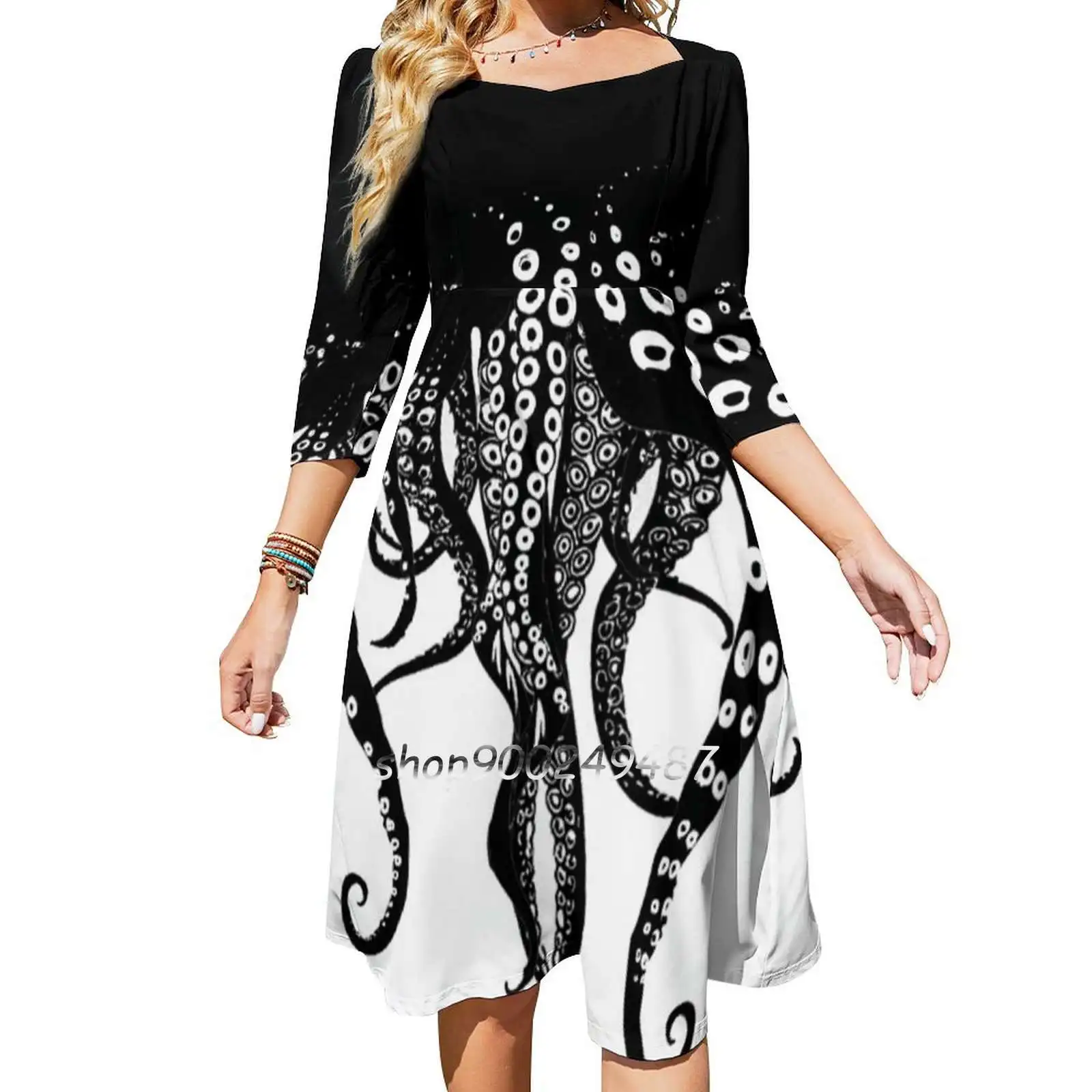 Tentacles Love Women Casual High Waist Mini Dress Short and Long Sleeve Dresses Fashion Dress Tentacles Lovecraft Chtulhu Black