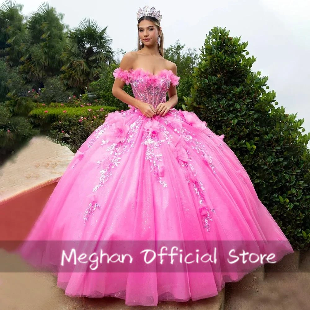 

Блестящее розовое бальное платье Quinceanera для девочек, милое платье с открытыми плечами и 3D аппликацией, Vestidos De 15 Anos по индивидуальному заказу