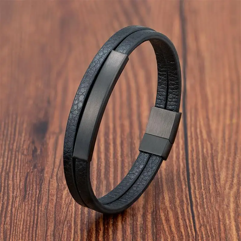 Jiayiqi Men\'s Black Genuine Leather Bracelet Classic Stainless Steel Insert Double-layer Braid Bangles For Men Wholesale Custom