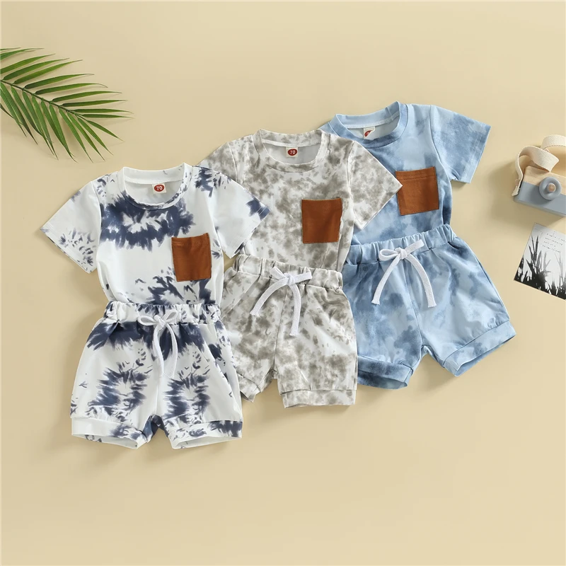 Summer Baby Clothing Boys Tie-dye Print Short Sleeve Crew Neck T-shirt + Shorts Sets Toddler Clothes 2Pcs Outfits