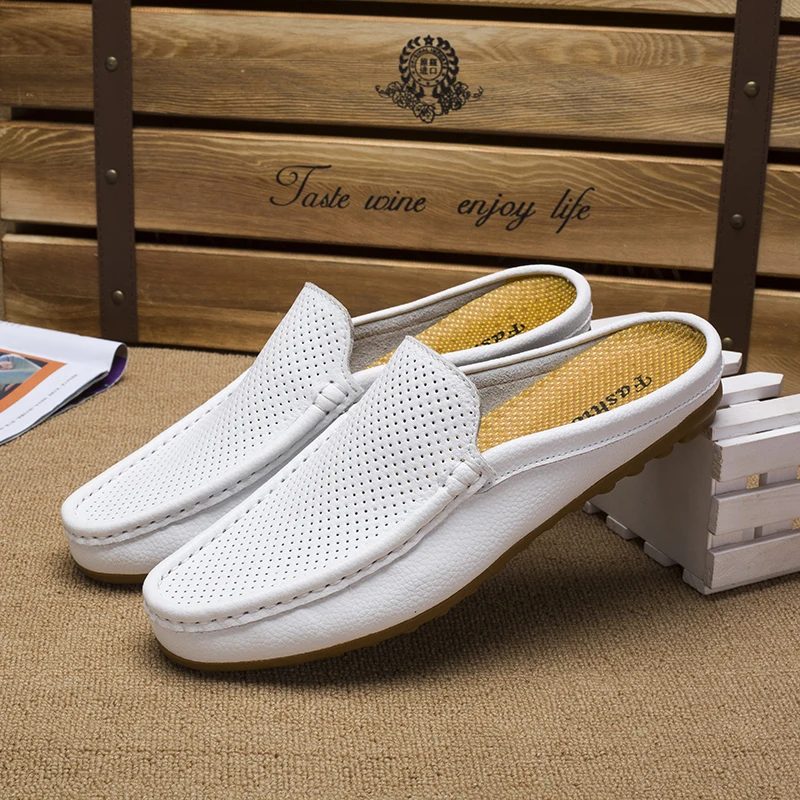 Men's Leather Shoes Casual Doug Shoes Fashion Non-slip Half trailer Men Sandals Moccasin Soft Flats Men Driving Shoes