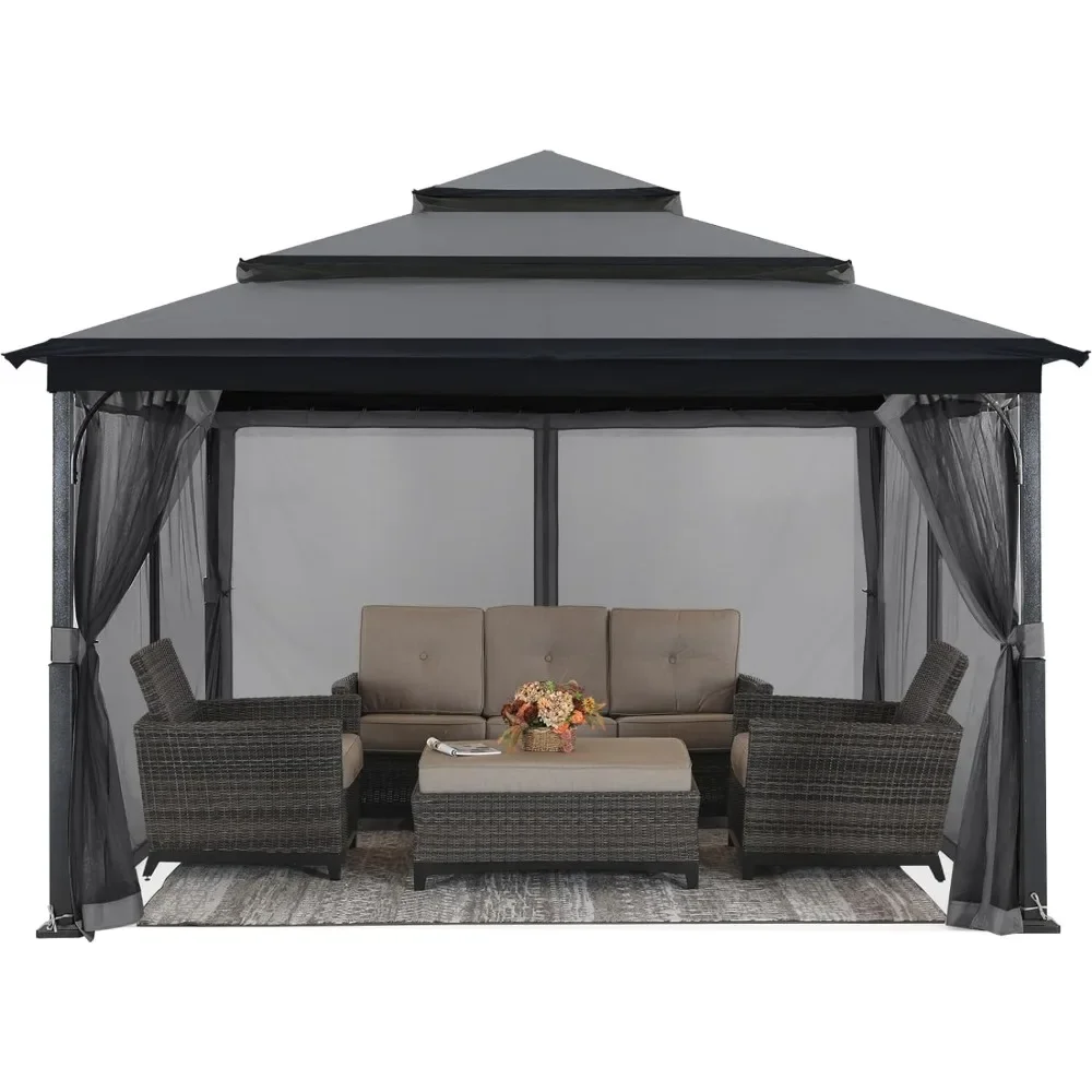 

Outdoor Garden Awning 12x12FT Outdoor Gazebo for Patios with 3-Tier Roof Canopy Gazebo with Mosquito Netting Dark Gray Tent Home