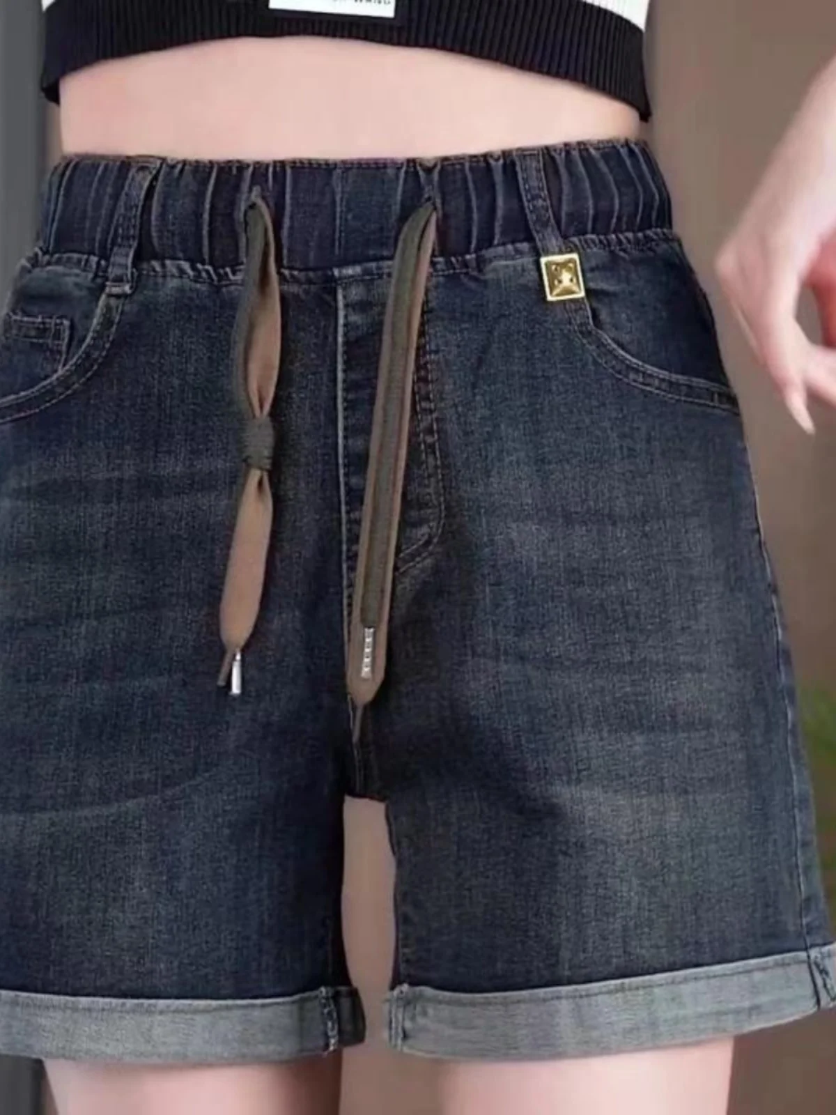 ハイウエスト弾性サマーショーツルーズフィット薄いデニムホットパンツスリミング大きいサイズビジネスショーツ（kets付き）