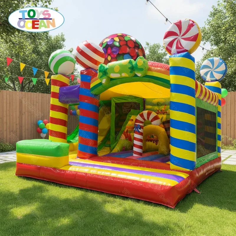 Commercial Grade Candy Theme Inflatable Castle - Multi-Function Bounce House with Slide & Climbing Wall Kids Playground