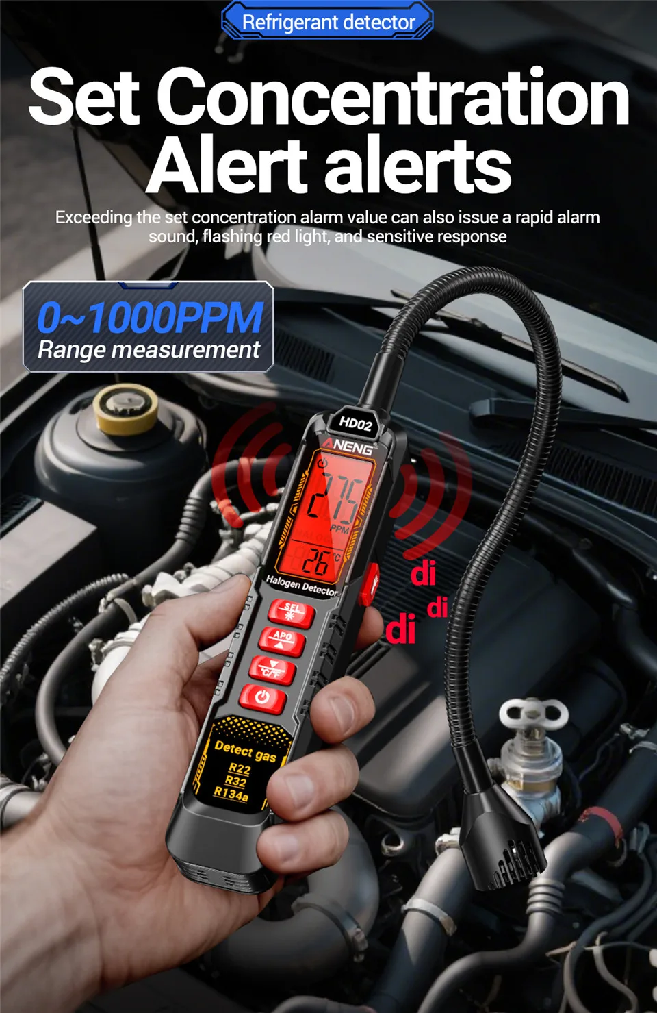 Kältemittelgas-Leckdetektor ANENG HD02 Klimaanlagen-Detektor Halogen-Detektor Hochempfindlicher R22/R32/R134a Lecktester – Detail 3