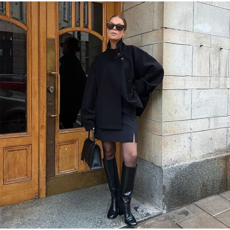 

Women Fashion Stand Collar Woolen Jacket Single Breasted Long Sleeve Female Coat 2025 Autumn Chic Street Office Short Outerwears
