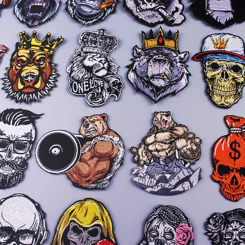 Bear/Skull Patch Iron On Patches For Clothes King Lion/Embroidery Patch Embroidered Patches For Clothing Appliques Punk Stickers