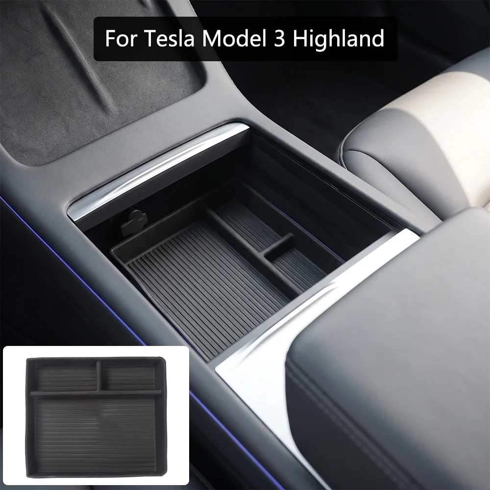 For Tesla Model 3 Highland 2024+ Center Console Lower Storage Tray Pad TPE Storage Box Armrest Organizer Car Interior Accessorie