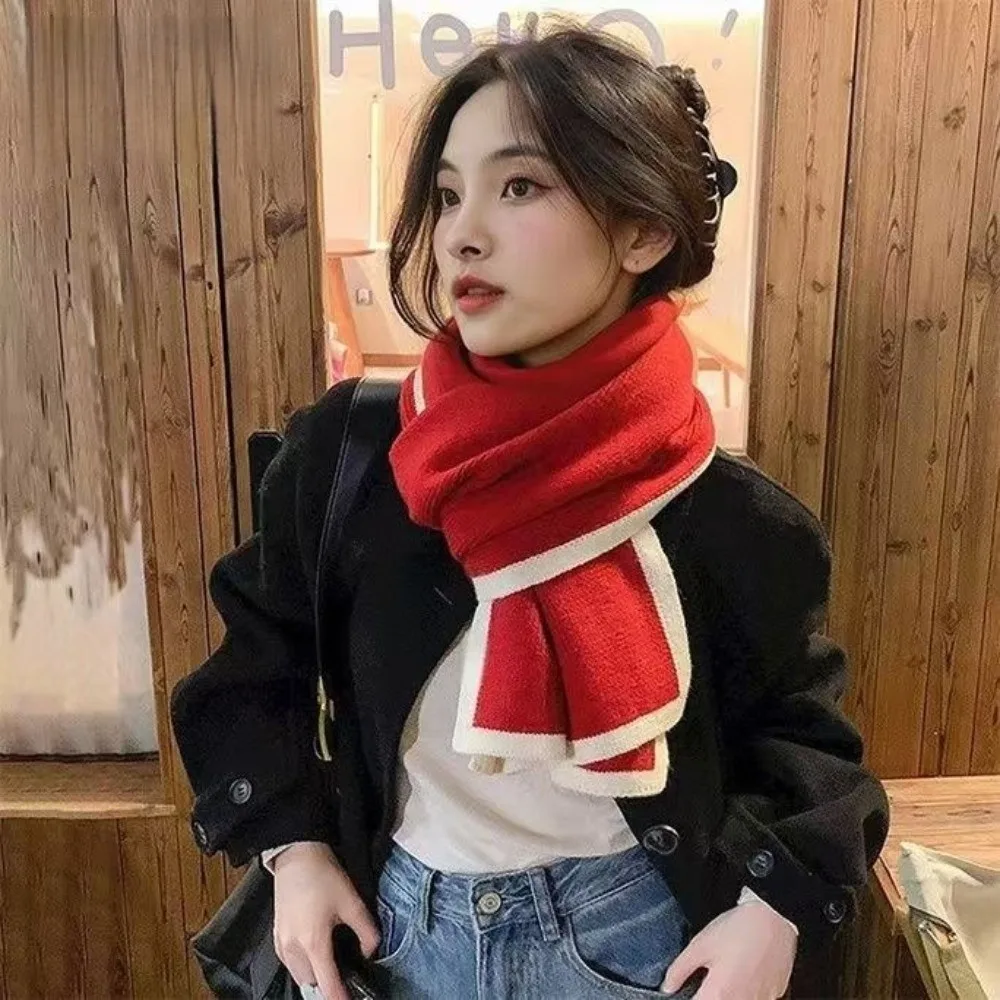 Solid Color Winter Knit Scarf Contrast Edge Warm Soft Material Woolen Scarf Double-Sided Design Casual Style Neck Warmer
