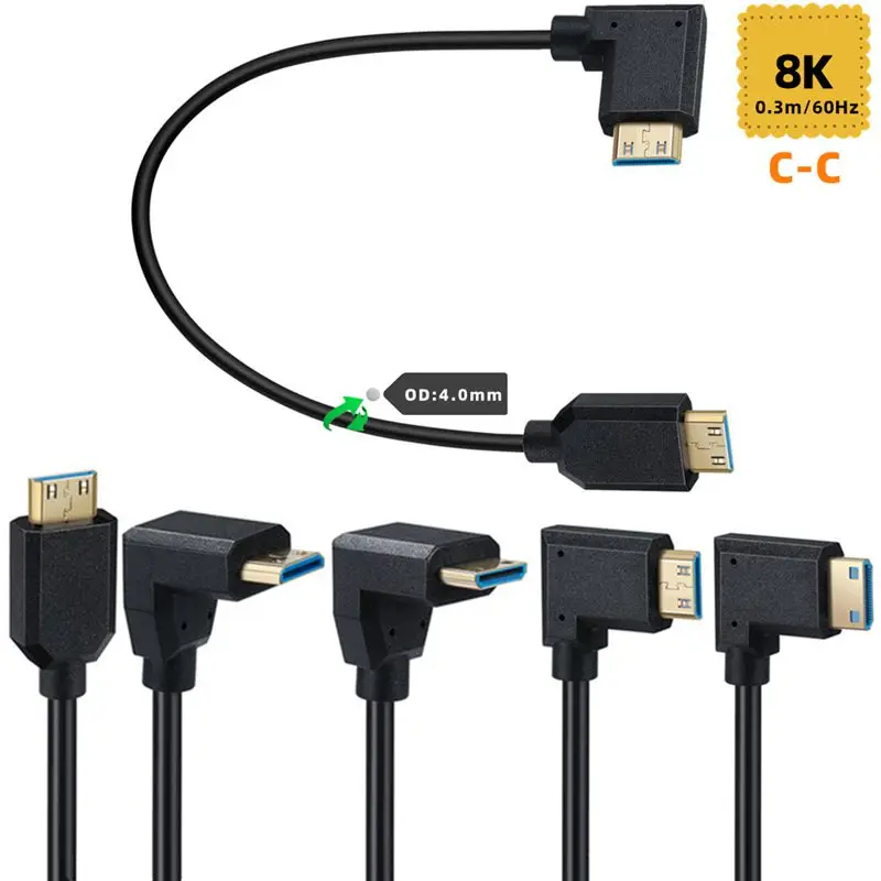 0.3m OD4.0mm 8K 60Hz Mini HDMI Compatible Male to Male 90° Elbow HDMI Compatible C Male to C Male Gold-Plated Extension Cable