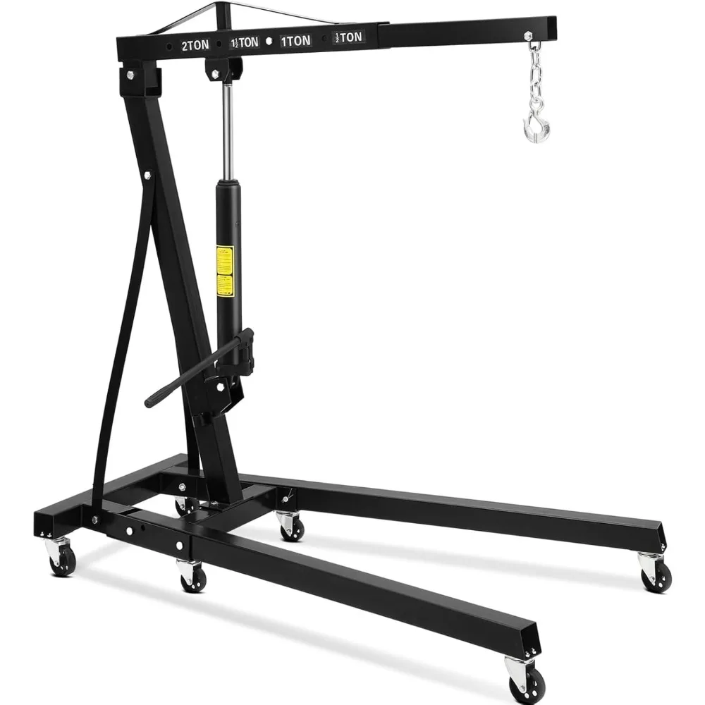 2 Ton Folding Engine Hoist, 4400lb Hydraulic Crane with 6 Casters Black
