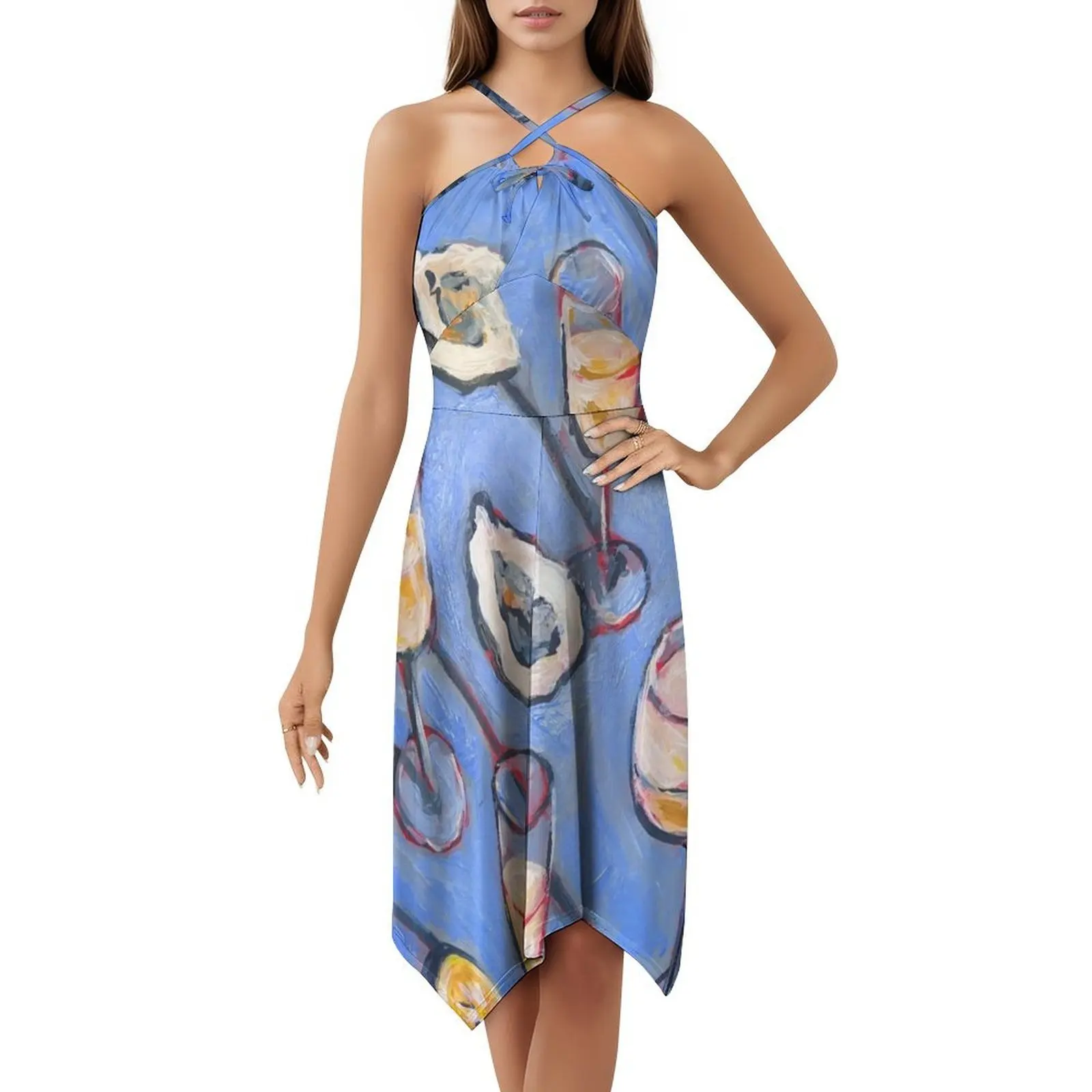 عمل فني المحار النبيذ اللوحة البوهيمي فستان بلا أكمام متعدد طباعة شاطئ عطلة فستان الحفلات المحار الفن النبيذ اللوحة المأكولات البحرية