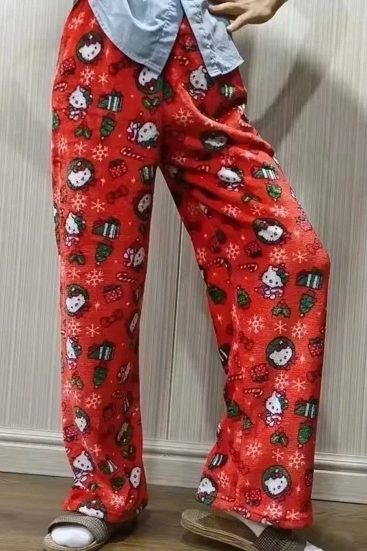Autumn Winter Warm Flannel Pajama Pants, Parent-child Matching Cute Hello Kitty Loose Student Casual Home Wear Pants for Walking