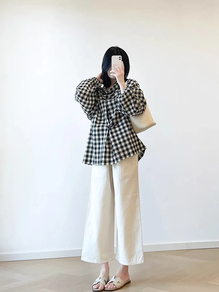 Rétro confortable coton Plaid haut ample femmes irt décontracté polyvalent respirant respectueux de la peau Cleanfit été mince Long Sl...