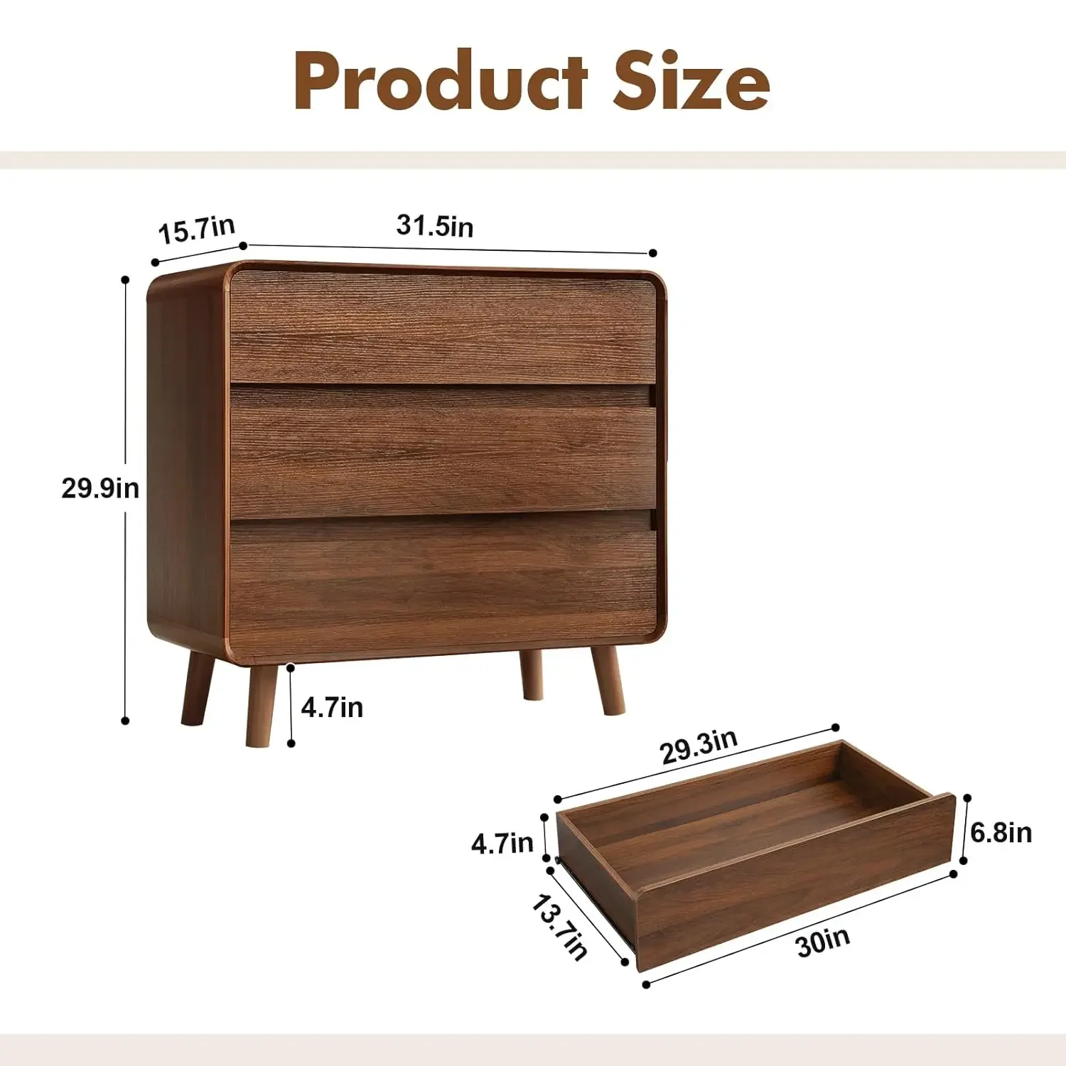 3 Drawer Dressers for Bedroom, Mid Century Modern Chests of Drawers, Curved Dresser with Storage Drawer, Wooden, Customized