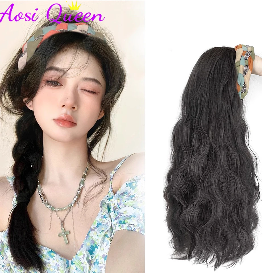 

AOSISynthetic 23 Inch Long Wavy Headband Wig Black Brown Women's Natural Half Headband Wig With Colored Headband Accessories