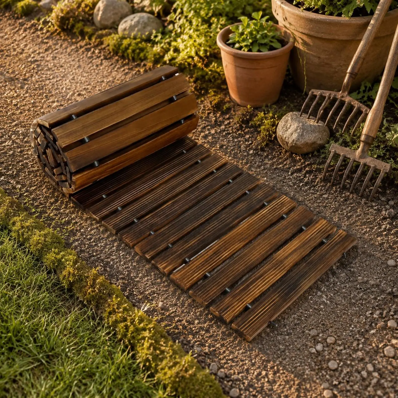 Wooden Garden Walkway Rustic Wooden Garden Path Roll-up Wood Walkway Long-Lasting Outdoor Decor Heavy Duty for Patio, Wedding