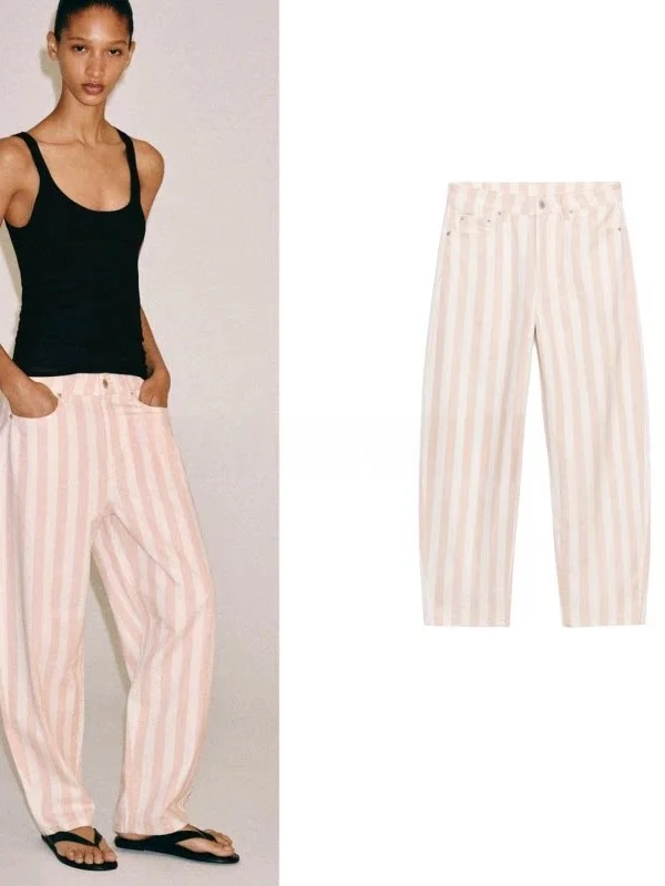 Women's Commuter Style Zipper Stripe Color Block mid Waist Cone Shaped Jeans Casual Summer Fashion Ladies High Waist Jeans
