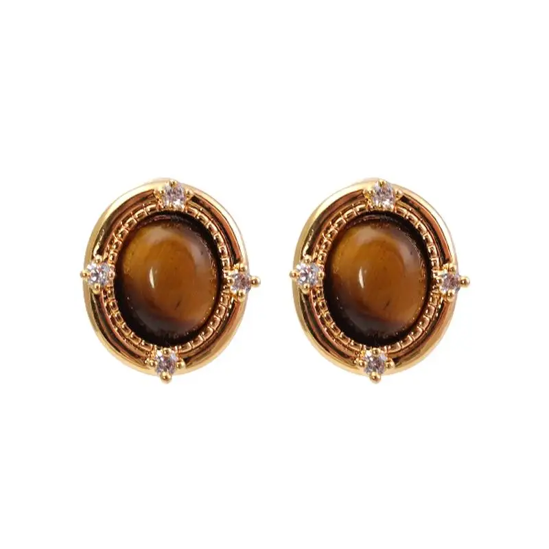 

Oval natural tiger's eye stone earrings popular Maillard stud earrings women's light luxury high-end retro earrings