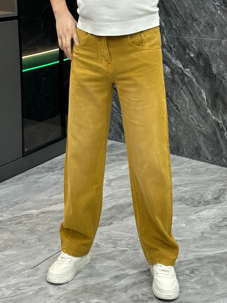 Fashionable Yellow Jeans Men's Casual Straight Leg Loose Fit Long Trousers Autumn New Style Comfortable Versatile Cotton Blend