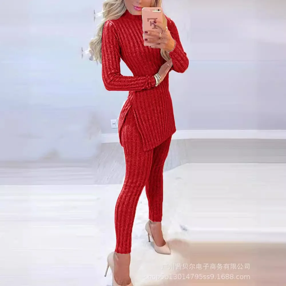 Pant Sets Women Knit Two Piece Suit Pearls Turtleneck Sweater Split Elastic Waist Splice Trousers Slim Fit Casual Autumn Winter