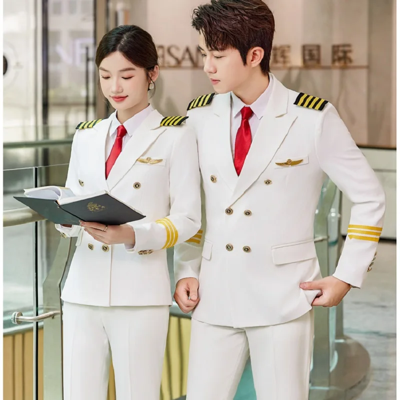 

Woman Pilot Uniform Airline EU Captain Uniforme Double Breasted Jacket Pants Suit China Flight Aviation Men Top Trousers Apparel