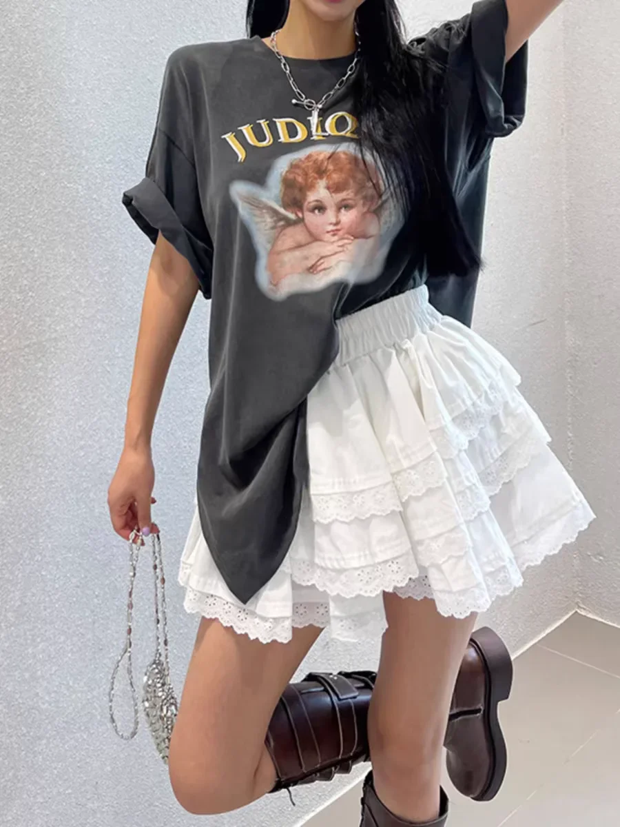 الكورية الحلو تنورة صغيرة الأبيض الدانتيل كشكش كعكة التنانير عالية الخصر ألف خط نفخة تنورة قصيرة المرأة لطيف Kawaii ملابس الصيف 2025