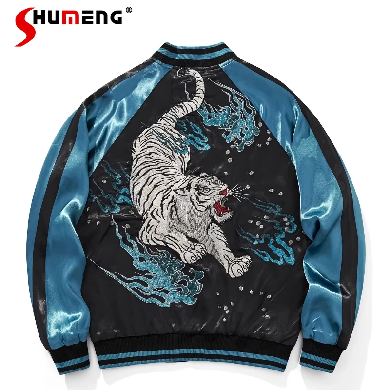 

2026 Men's Spring New Fashion Embroidered Tiger Jacket Coats Couple Baseball Jackets Satin Youth Personality Long Sleeve Tops