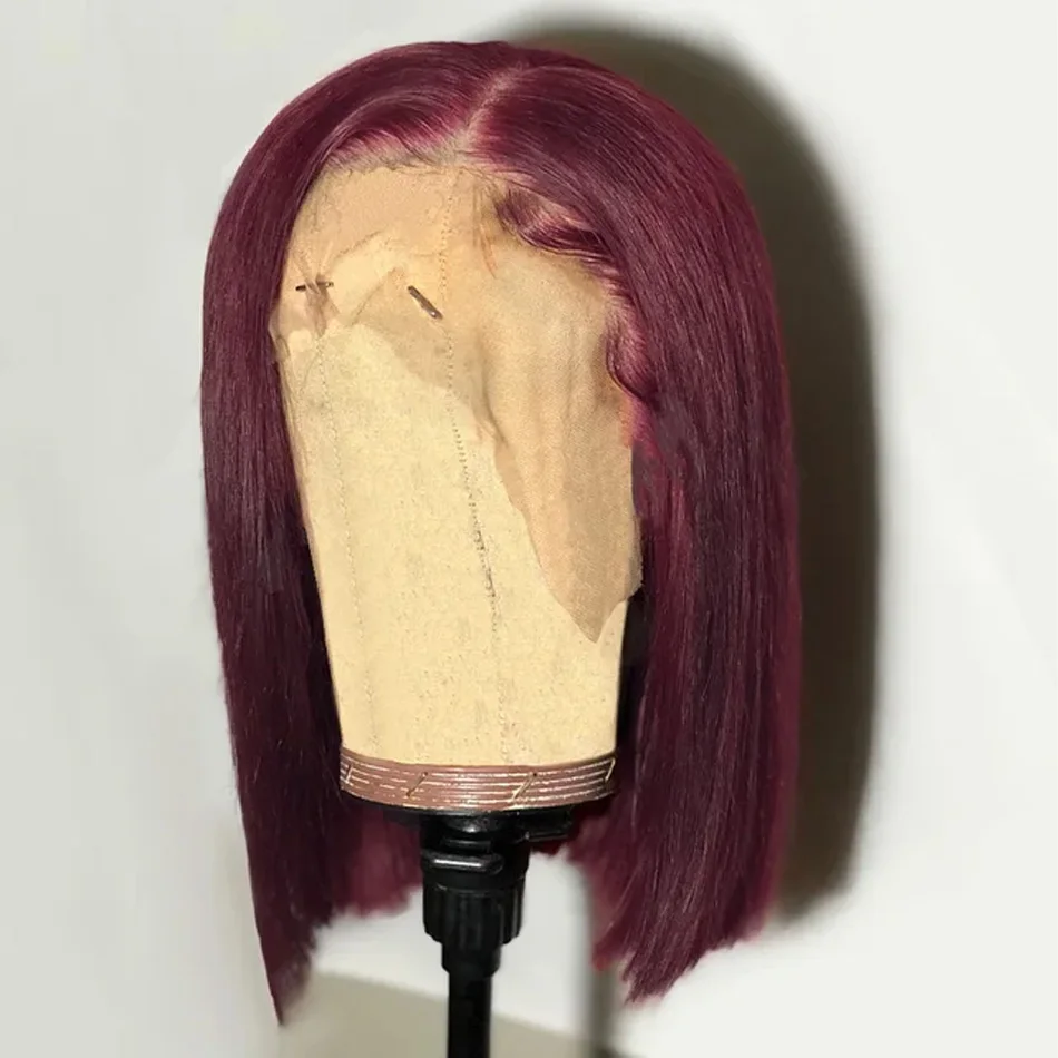 230% Density 99J Burgundy Bone Straight Short Bob 13x4 Lace Frontal Wigs Red Colored 100% Human Hair Transparent Lace Closure Front Wig 12 14 Inch