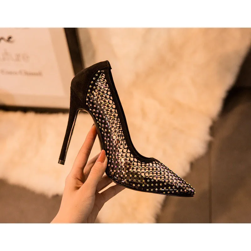 2024 Fashion Mesh Pointed Toe Sandals Heels Transparent Women's Slip Heel Sexy Party Fine High Heeled Shoes